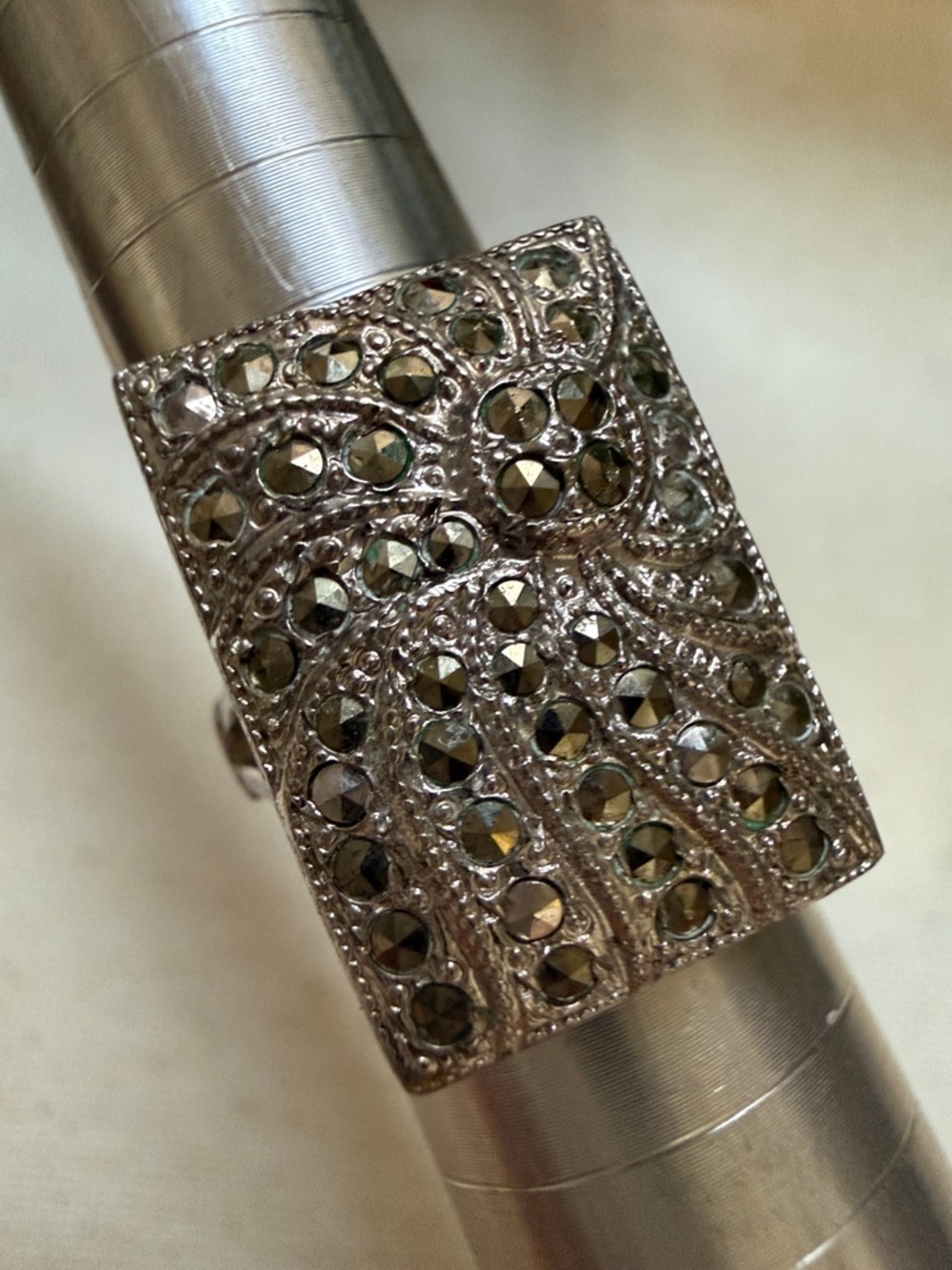 Sterling Silver 925 Marcasite Pavé Rectangular Statement Ring size 6.25 - Picture 4 of 12